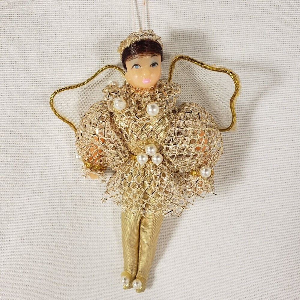 Vtg Handmade Doll Style Glittery Angel Christmas Ornament Gold & Silver Color 5"